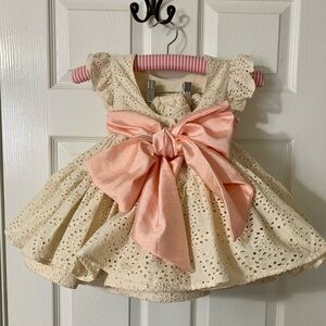 The Paper Doll Cream Eyelet Dress with Pink Bow and Bloomers size 3